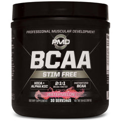 PMD BCAA Stim-Free watermelon tub shows fast-dissolving powder for workouts, boosting endurance.