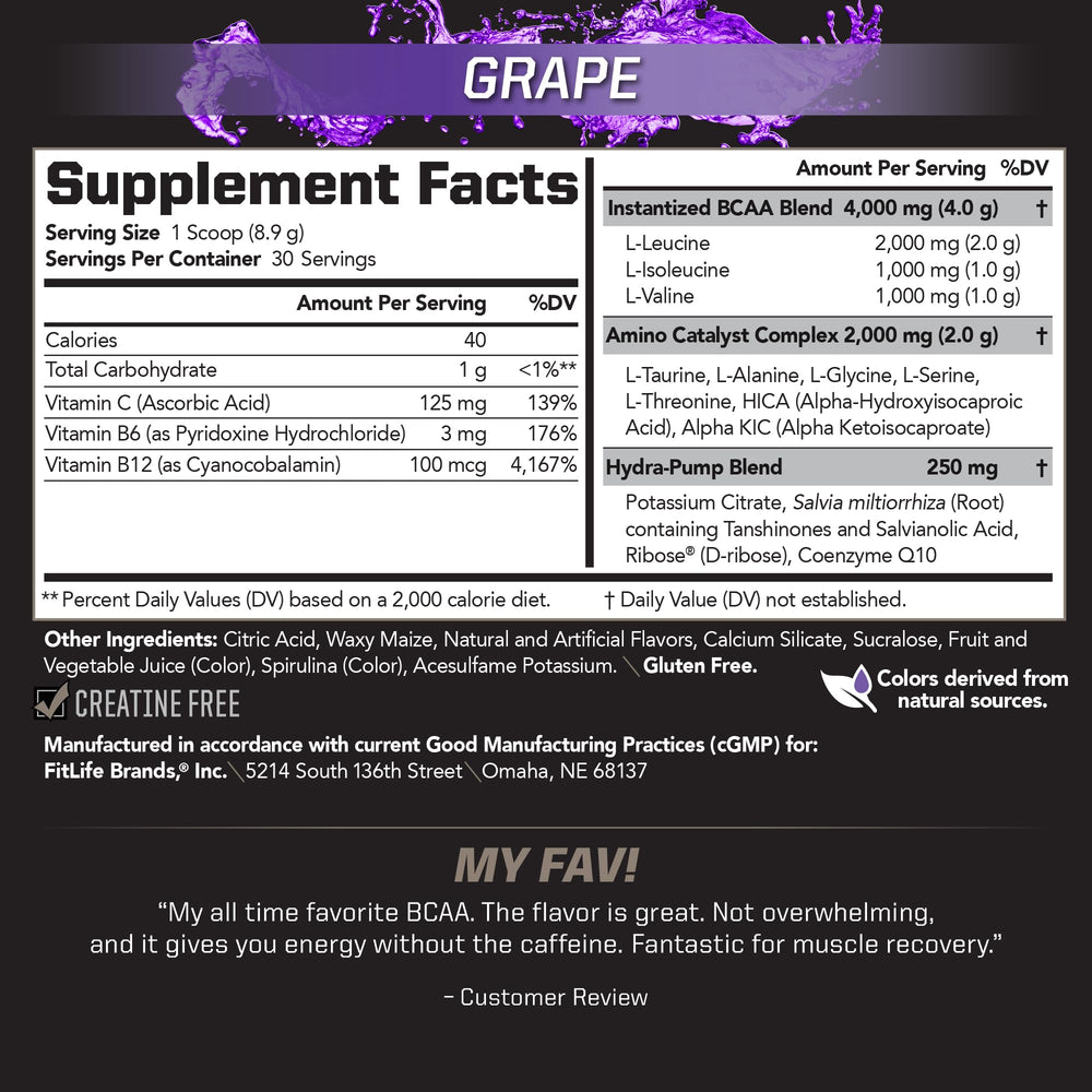 PMD BCAA grape scoop highlights quick-dissolve powder for workouts.