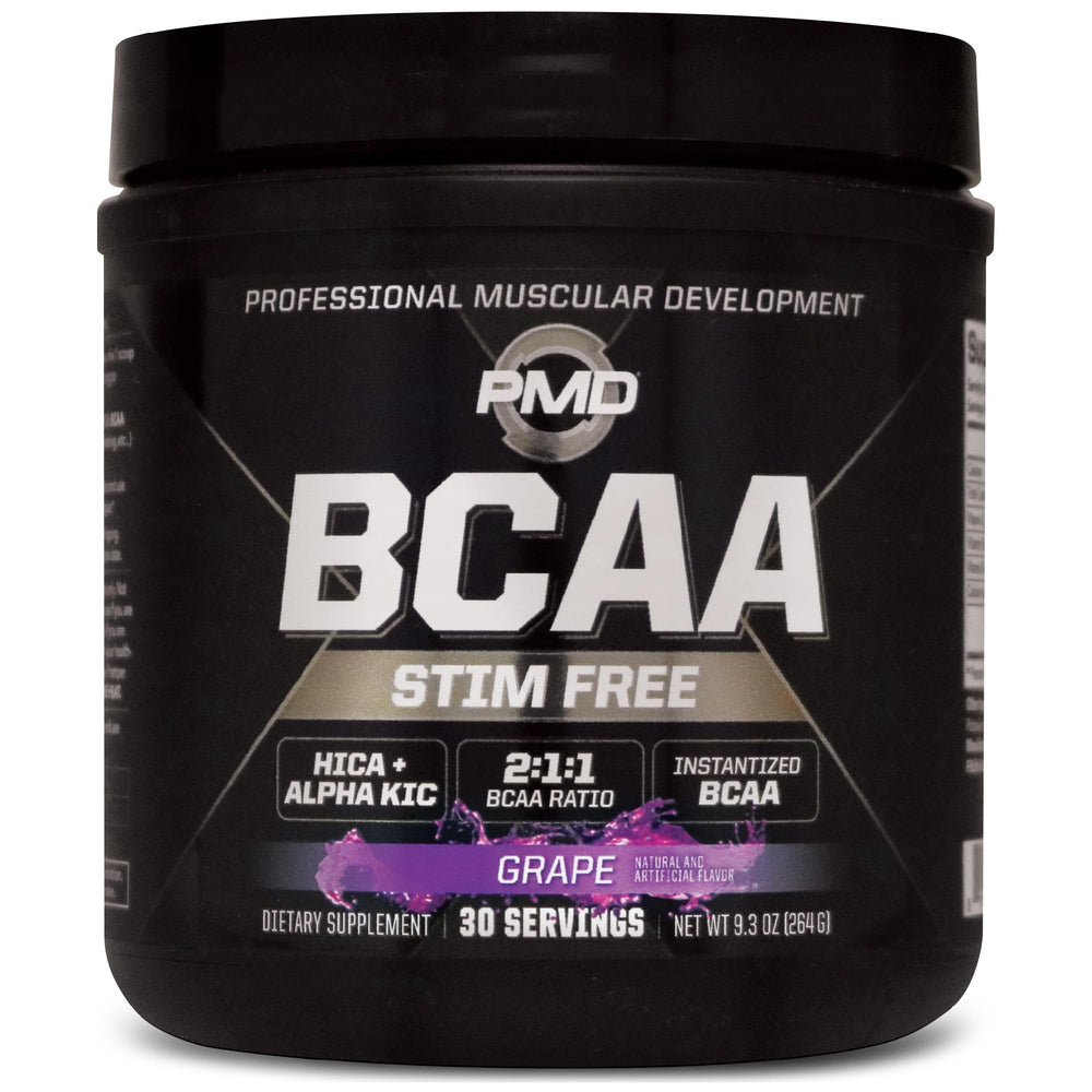PMD BCAA grape tub shown for easy mixing and recovery support.
