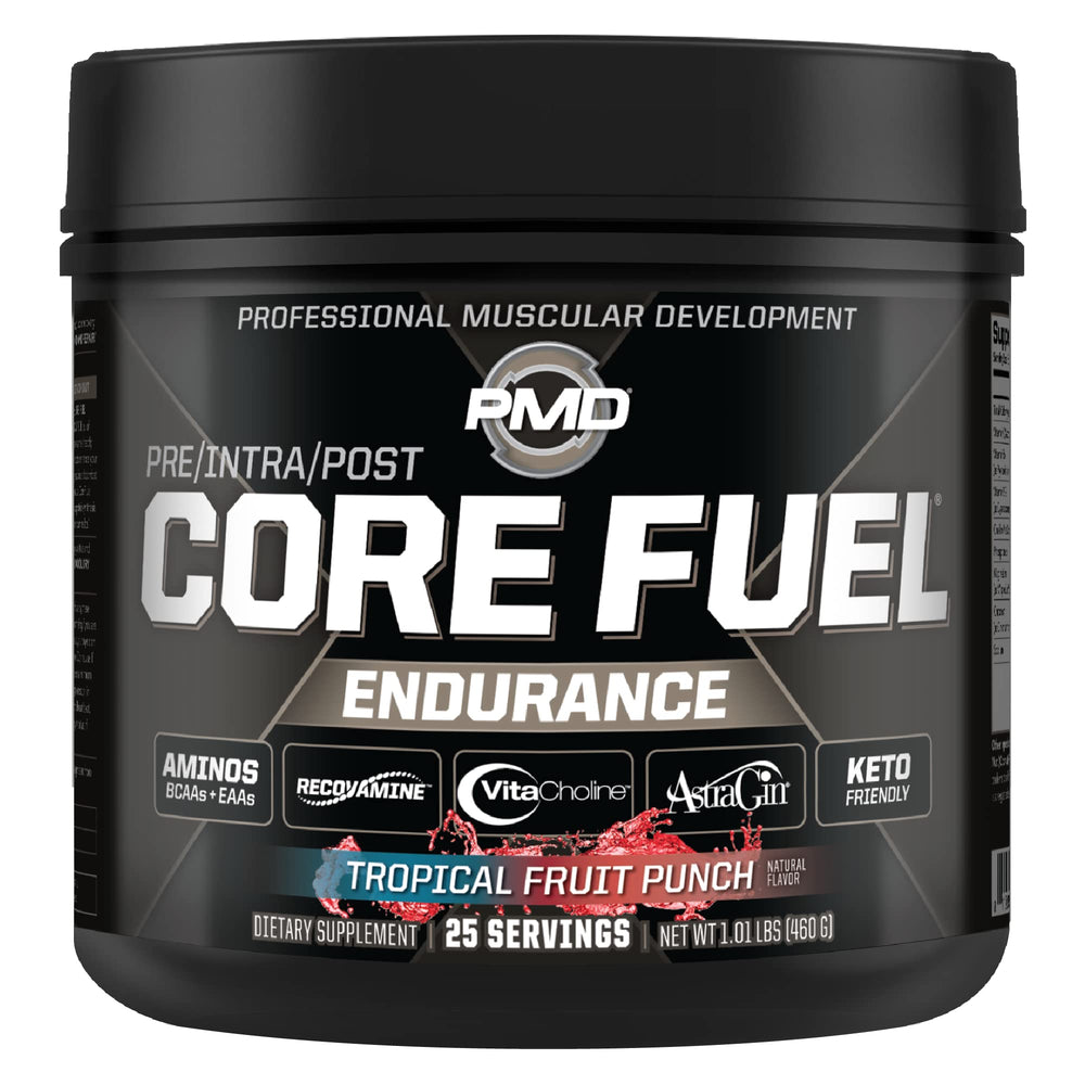 PMD Core Fuel Endurance bottle with label displaying BCAAs and EAAs for lean muscle.