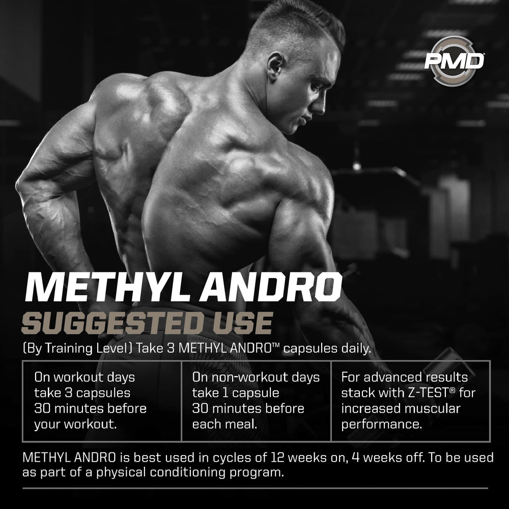 PMD Methyl Andro workout scene with gym equipment implying performance support.