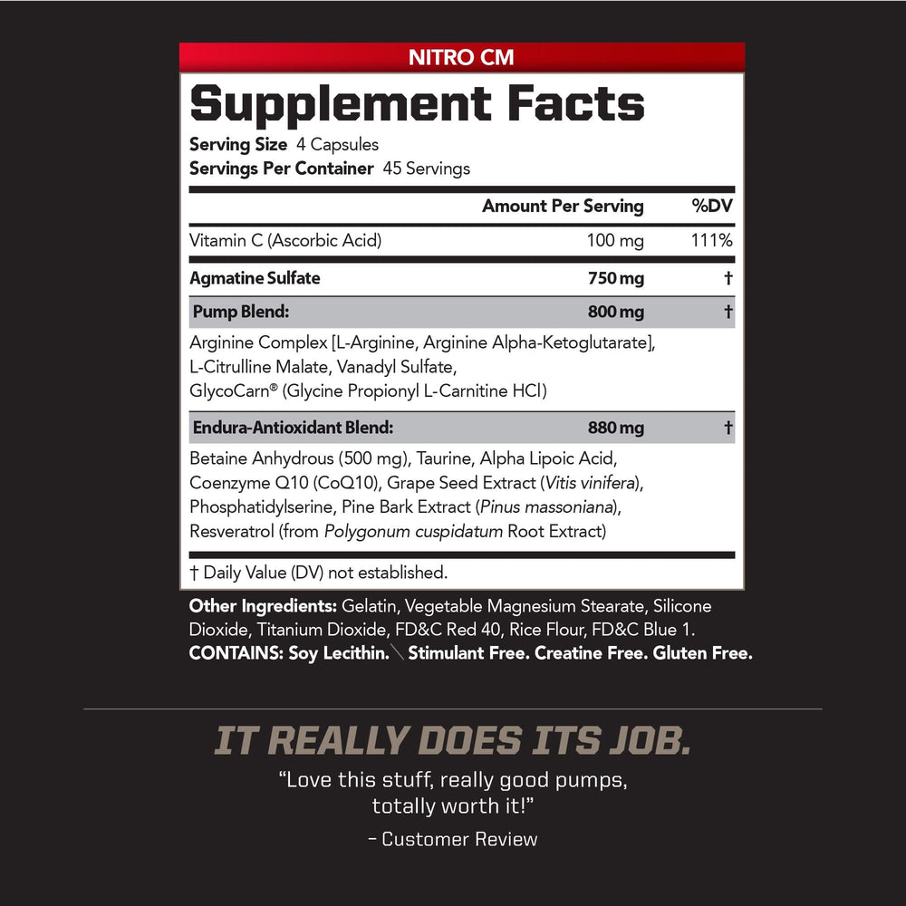 PMD Nitro CM bottle label shows ingredients and serving details.