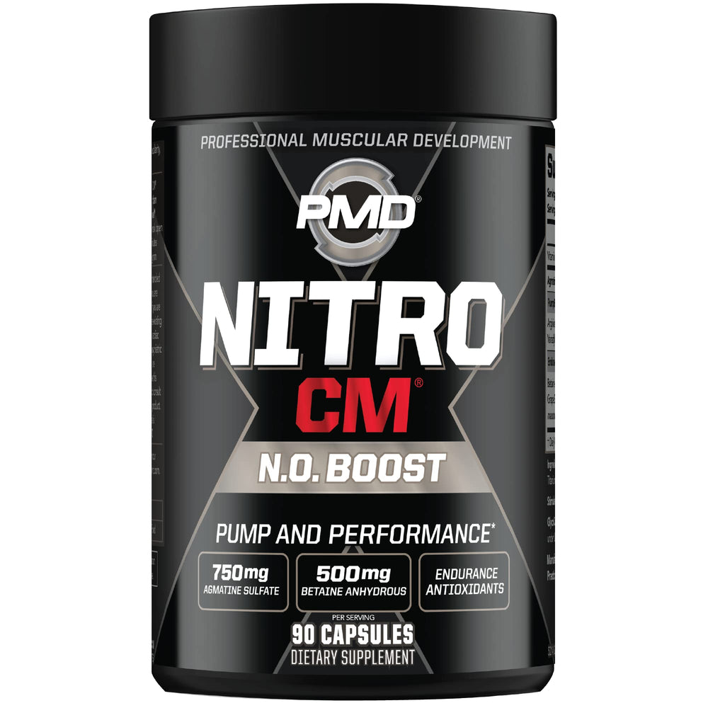PMD NitroCM bottle closeup for quick dosage before intense workouts.