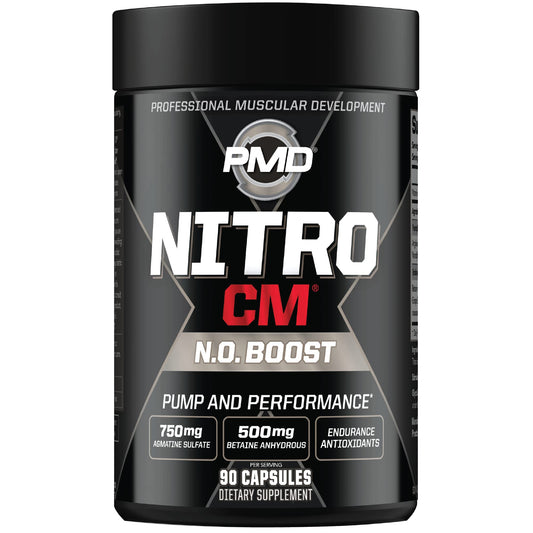 PMD NitroCM bottle closeup for quick dosage before intense workouts.