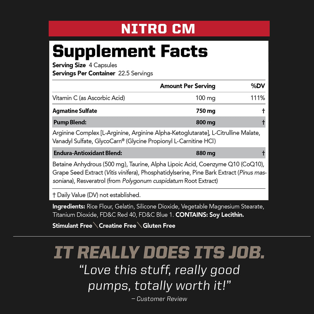 PMD NitroCM label detail highlighting key ingredients for endurance and pumps.