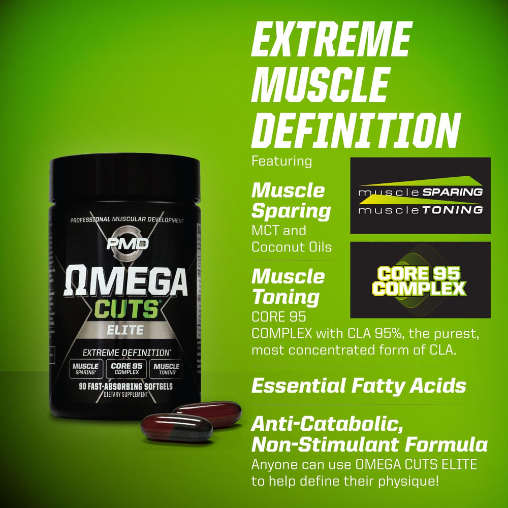 PMD Omega Cuts Elite stimulant-free packaging for safe, stackable fat loss support.