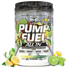 PMD Pump Fuel ALL IN caffeine-free bottle showcases a premium pre-workout formula for focused training