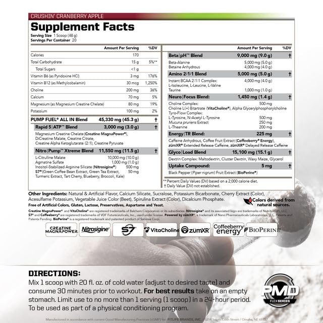 PMD Pump Fuel back label shows transparent ingredient amounts for trust and clarity