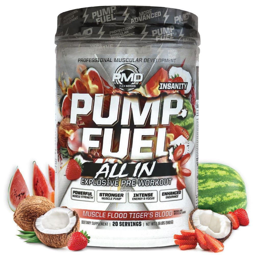 PMD Pump Fuel Insanity bottle highlights high-stim formula for intense training sessions.