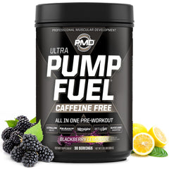 PMD Pump Fuel Ultra caffeine-free bottle in blackberry lemonade flavor showing focus potential