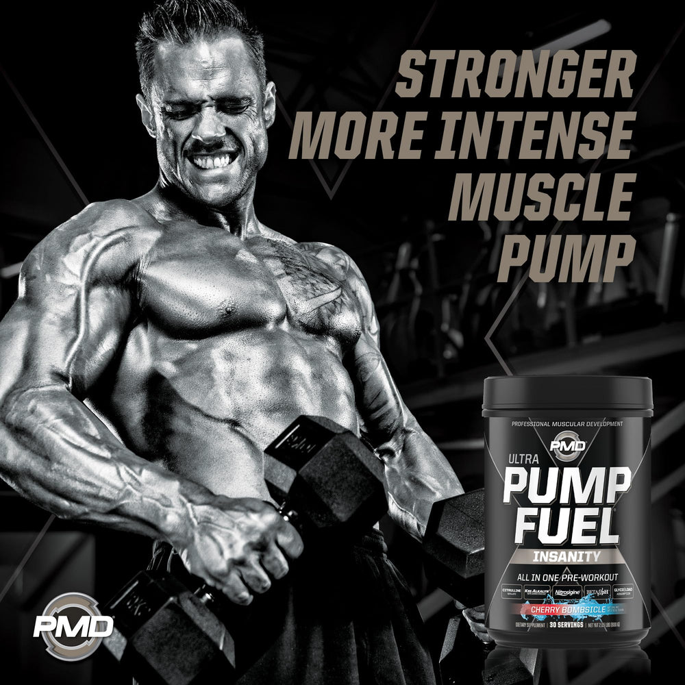 PMD Pump Fuel Ultra Insanity cherry bombsicle label close-up shows transparent ingredients