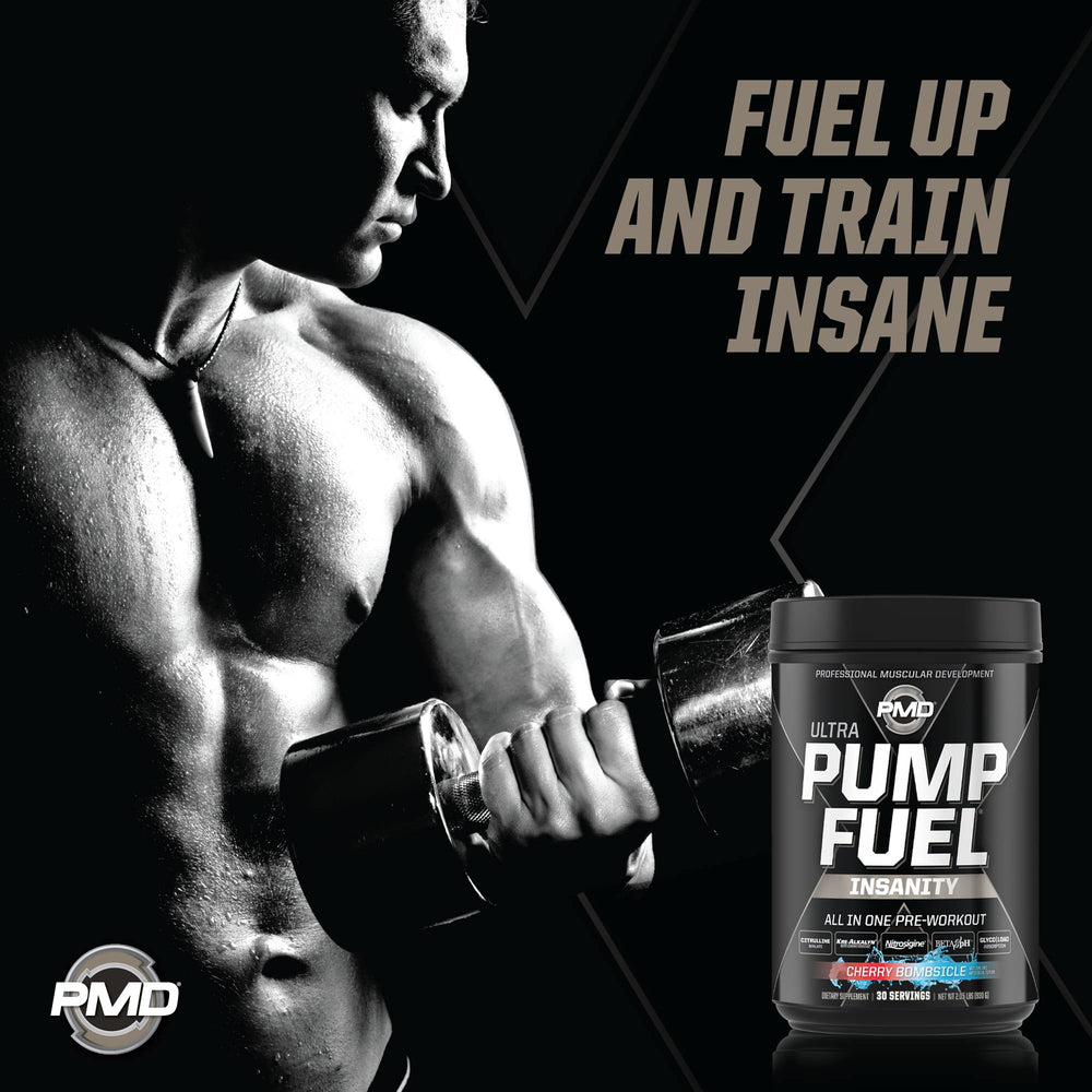PMD Pump Fuel Ultra Insanity cherry bombsicle serving scoop in hand for workout energizing