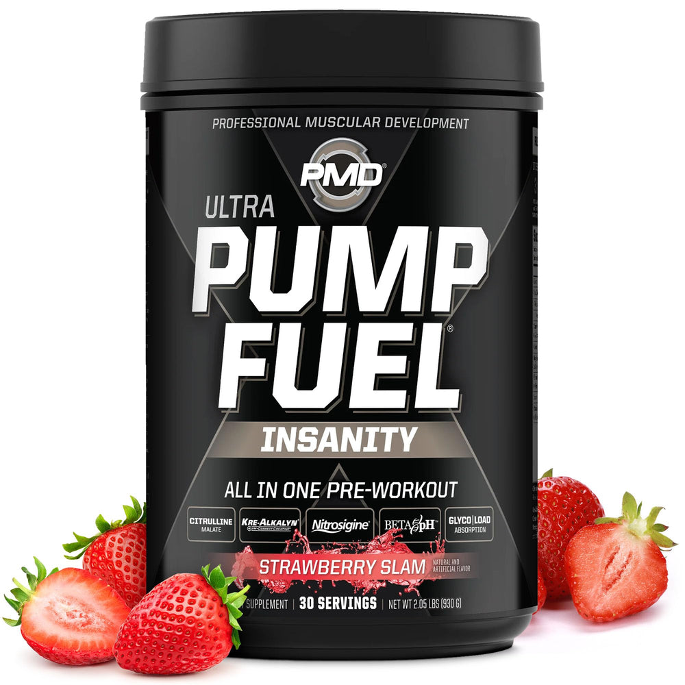 PMD Pump Fuel Ultra Insanity Strawberry Slam bottle for focused workouts