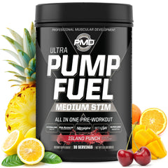PMD Pump Fuel Ultra Island Punch bottle showing premium pre-workout formula for focus