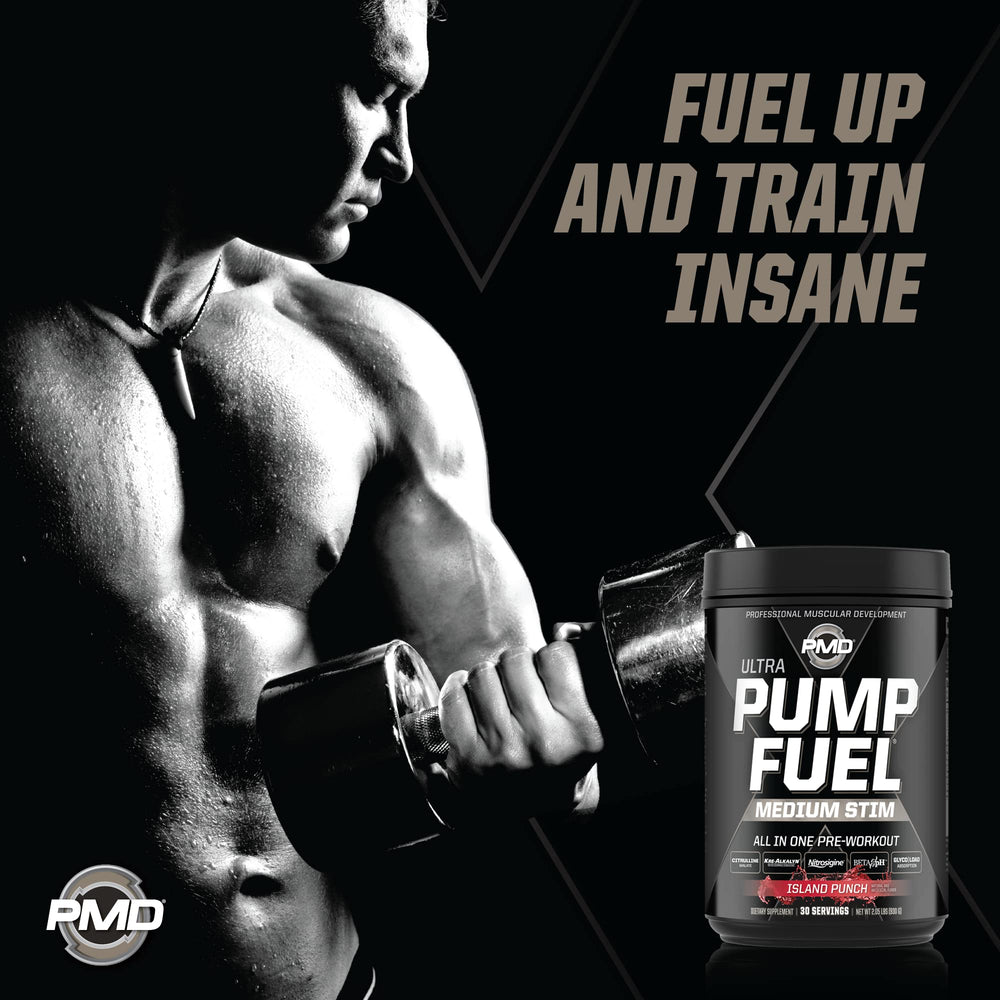 PMD Pump Fuel Ultra Island Punch nutrition panel highlights key amino acids for performance support