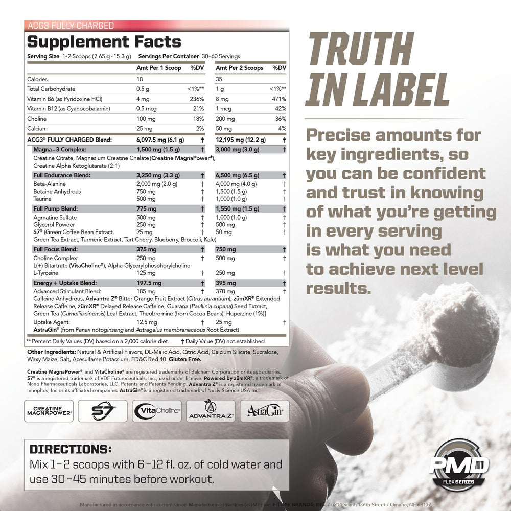 PMD ACG3 label close-up shows transparent ingredient amounts for informed use.