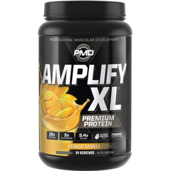 PMD Sports Amplify XL Mango Mania bottle pour for post-workout protein servings.