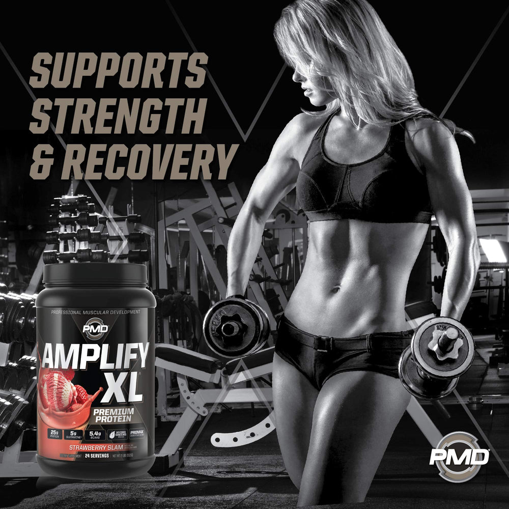 PMD Amplify XL whey protein concentrate powder close-up for fast-absorbing protein.