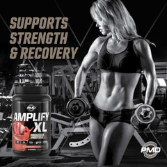 PMD Amplify XL whey protein concentrate powder close-up for fast-absorbing protein.