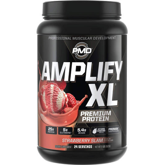 PMD Amplify XL whey protein bottle with Strawberry Slam flavor for post-workout recovery.
