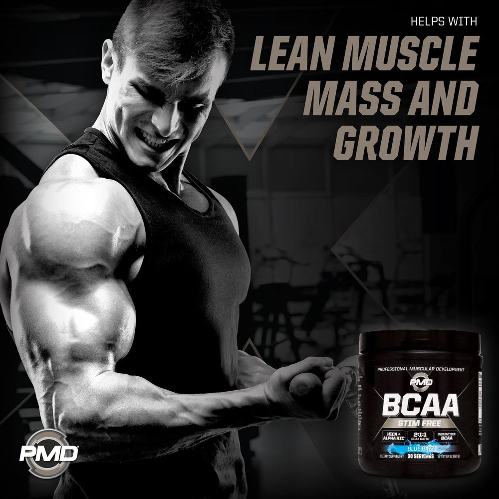 PMD BCAA Blue Razz glass with ice ready for a post-workout shake