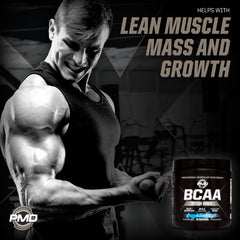 PMD BCAA Blue Razz glass with ice ready for a post-workout shake