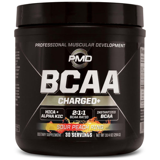 PMD Sports BCAA Charged Sour Peach Ring powder tub ready to mix for workout flavor
