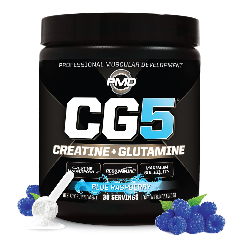 PMD Sports CG5 bottle front view highlights premium creatine and glutamine blend for workouts