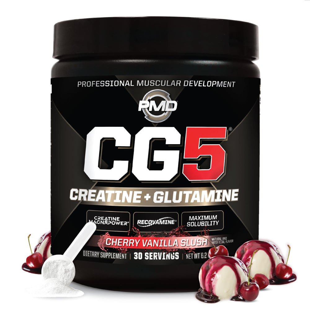 PMD Sports CG5 bottle-front highlighting premium creatine and L-glutamine for workouts