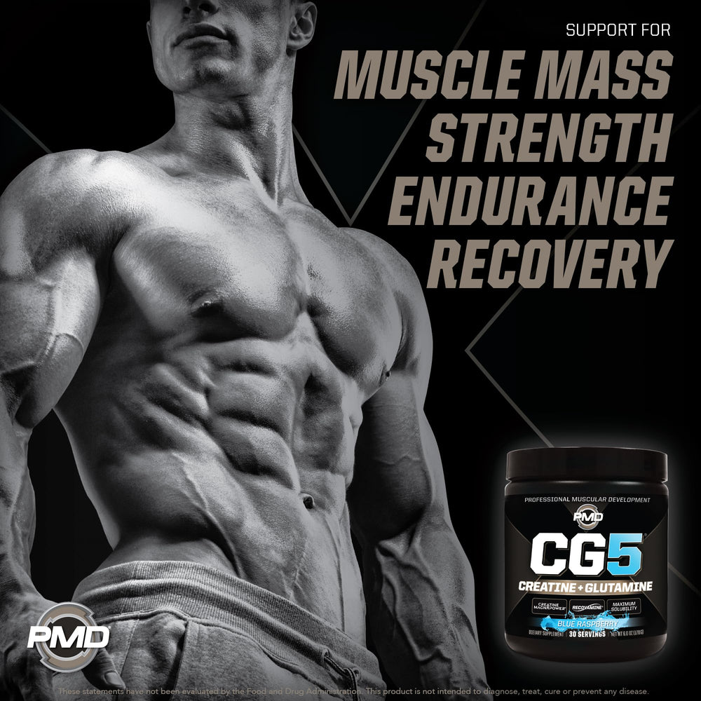 PMD Sports CG5 powder jar close-up shows blue raspberry flavor and texture