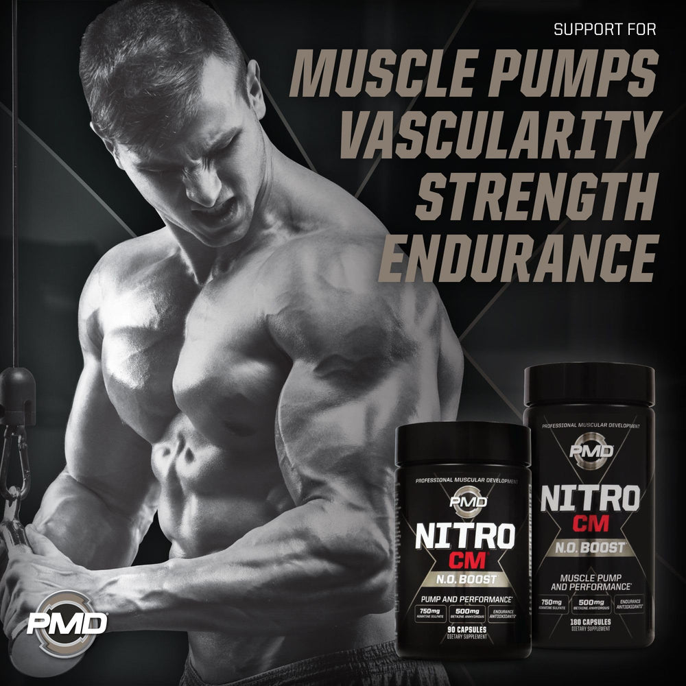 PMD Sports Nitro CM capsules close-up emphasizing agmatine and arginine ingredients