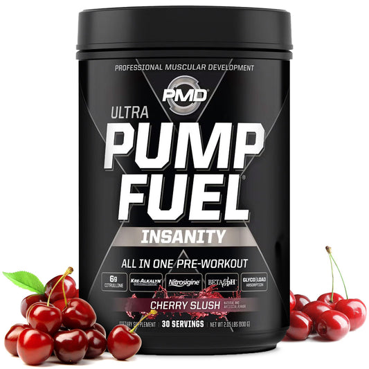 PMD Sports Pump Fuel Ultra Insanity cherry slush tub for high-potency pre-workout sessions