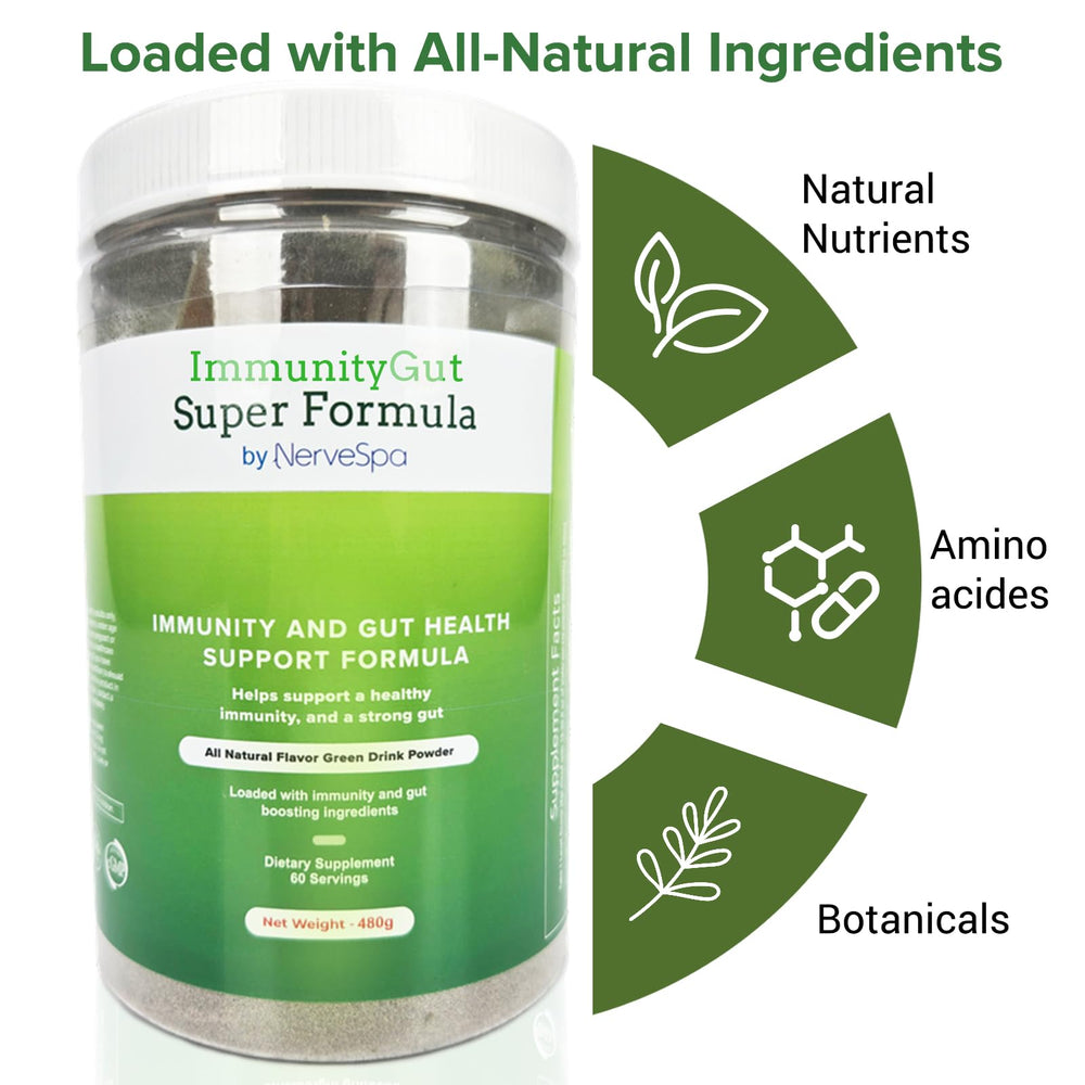 PMT Medical ImmunoGut Super Formula powder in glass—easy to mix into beverages.
