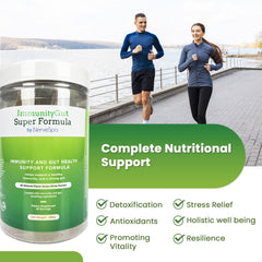 PMT Medical ImmunoGut Super Formula tub stand—shows 480g container and 60 servings.