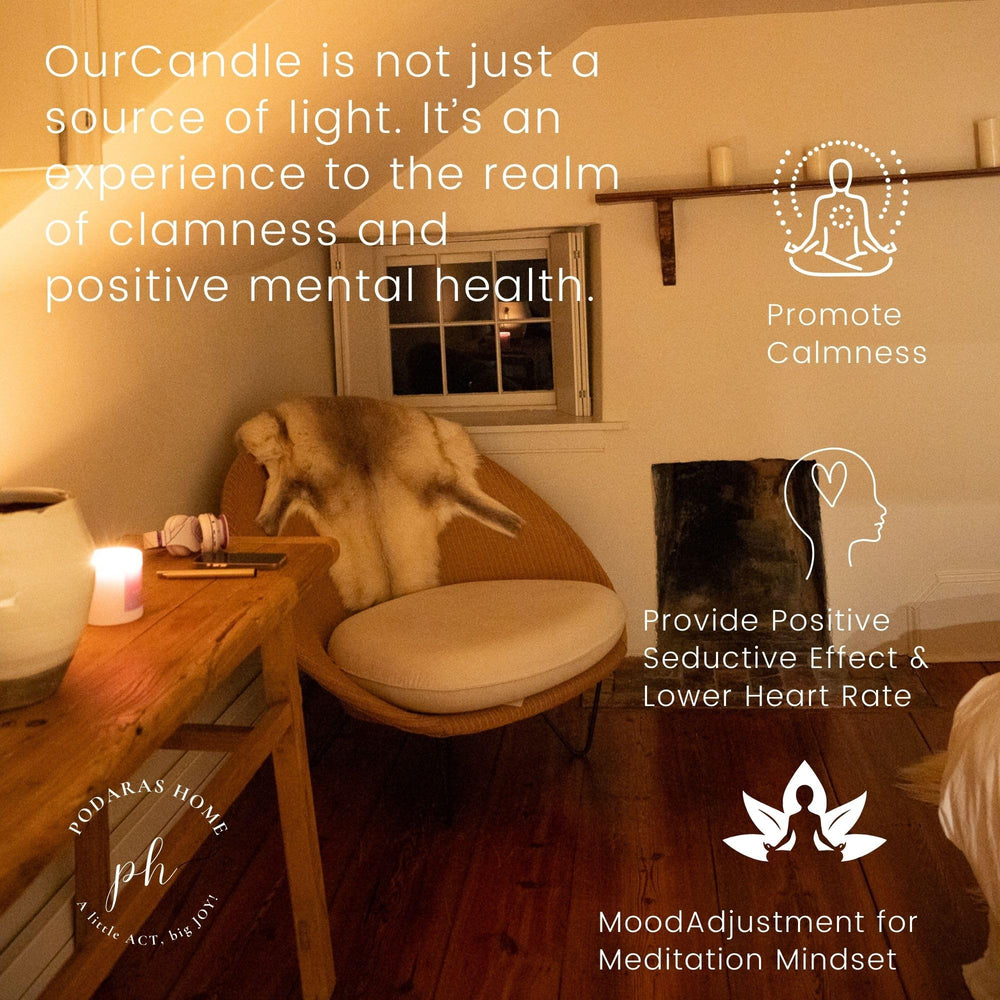 Podaras Home meditation-space scene with candle reinforcing focus.