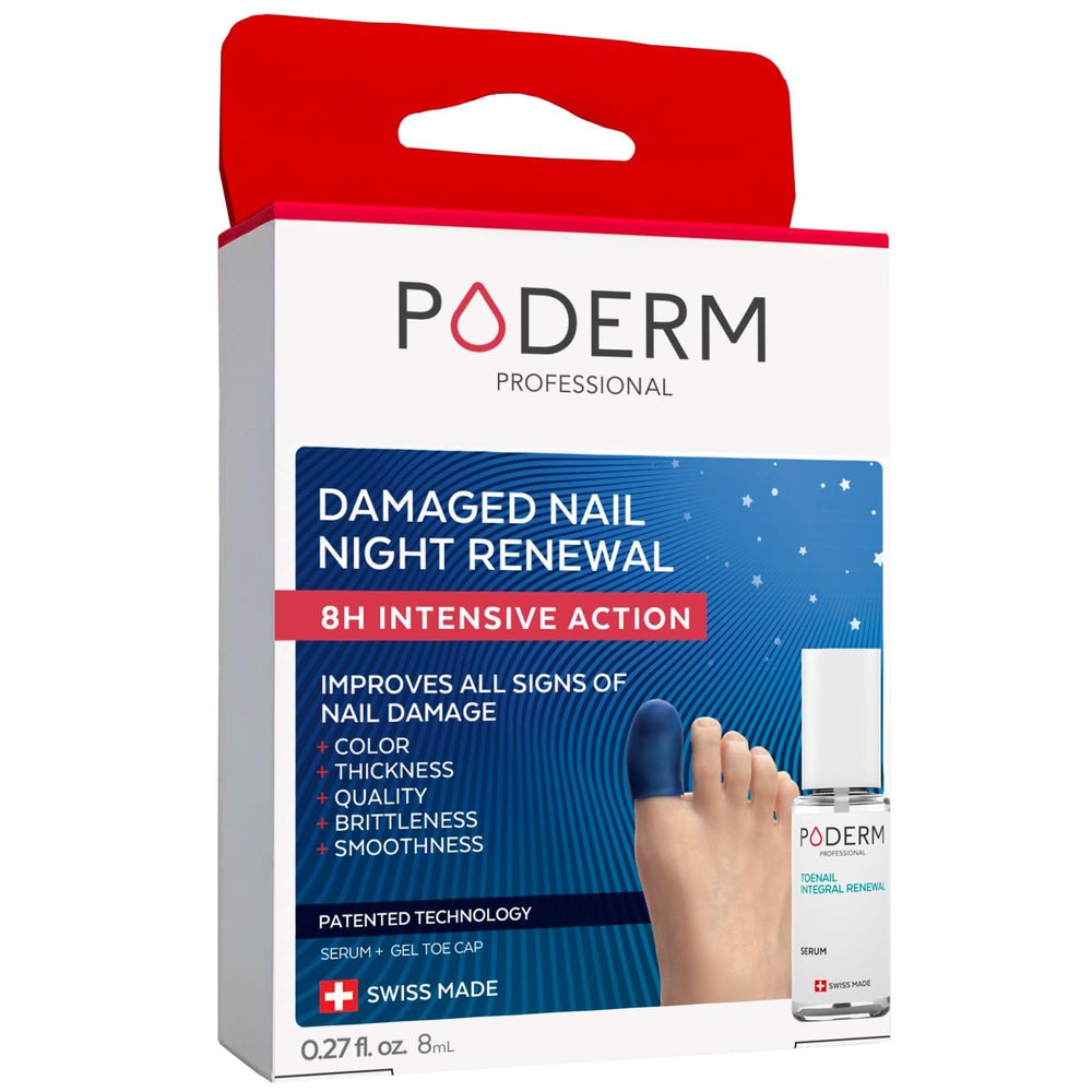 PODERM Toenail Night Renewal bottle with cap, showcasing overnight care for nails