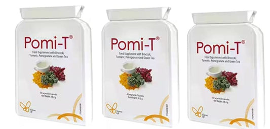 Pomi-T bottle front showing the polyphenol blend for daily wellness support.