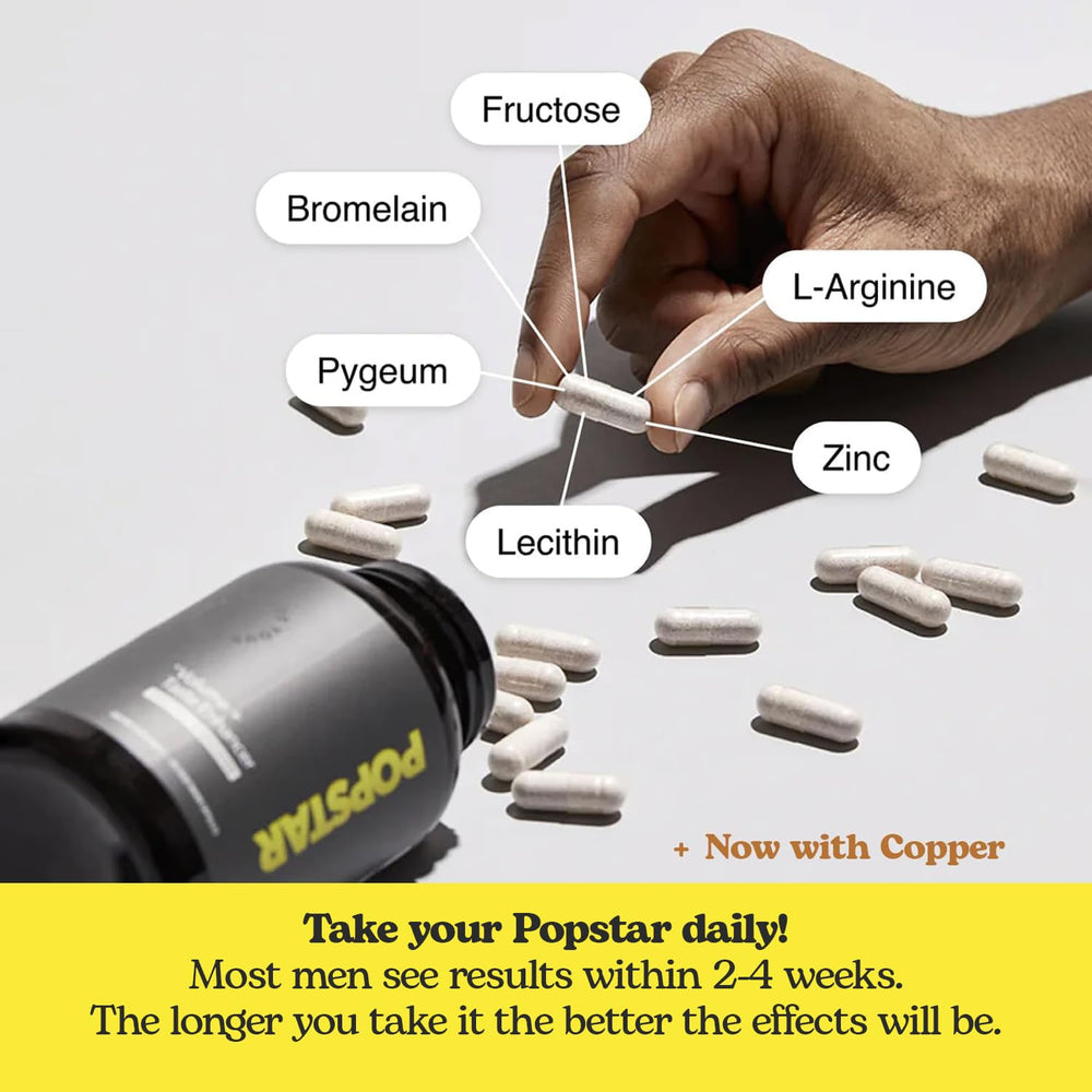 POPSTAR Labs Semen Volume Booster capsules packaging, convenient two month supply for daily use