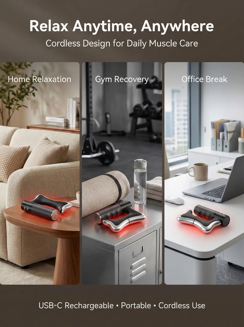 Porston heated muscle scraper tool applied to arms and legs for post-activity recovery.