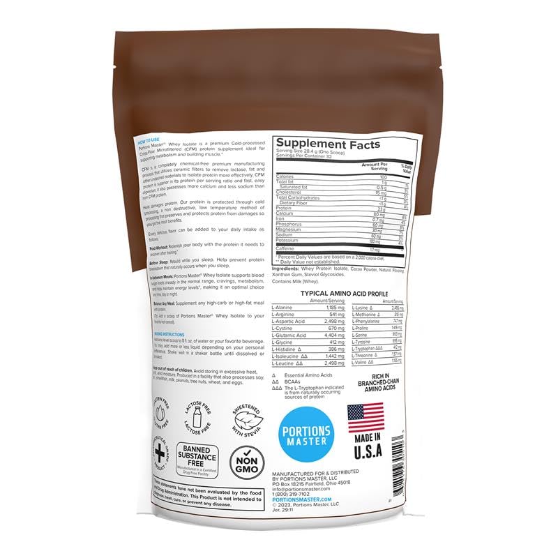 Portions Master CFM Whey Isolate tub with label highlighting low carbs and zero fat