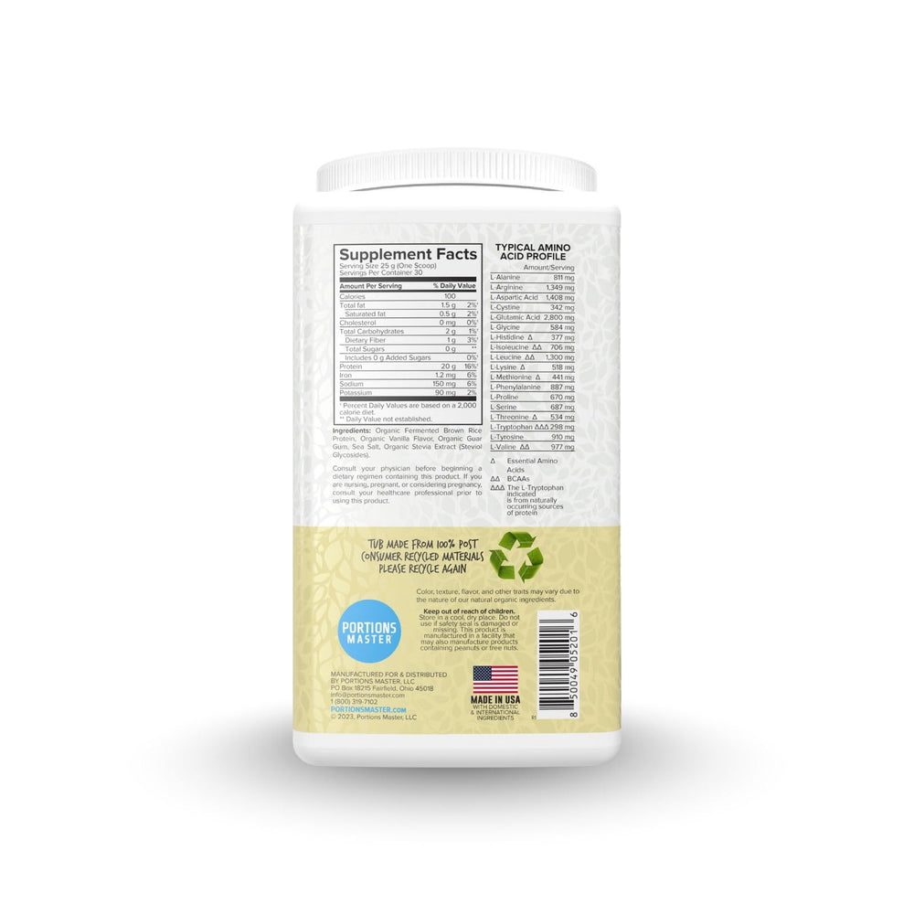 Portions Master Plant Protein scoop measuring an 18 g serving