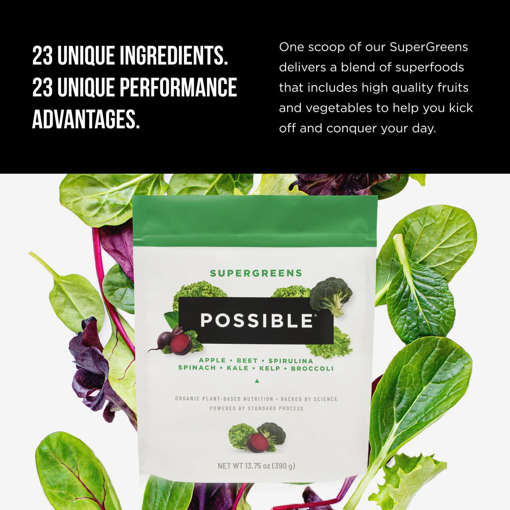 Possible SuperGreens green powder dispense shows easy one scoop use for daily nutrition
