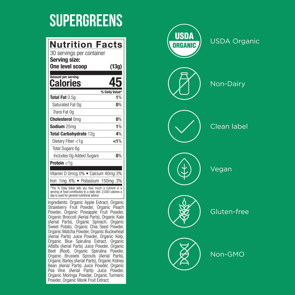 Possible SuperGreens kale broccoli powder jar highlights leafy nutrient blend