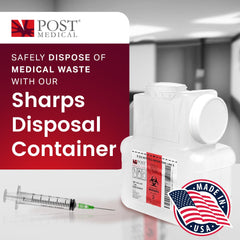 Post Medical sharps container with locking cap secures containment.