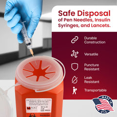 Post Medical 2.0 Quart Sharps Container vertical disposal design reduces puncture risk during handling.