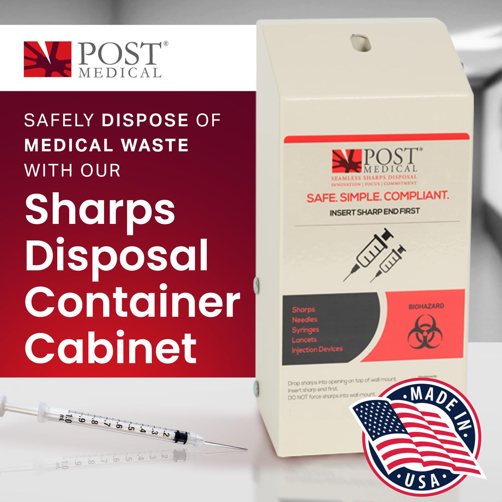Post Medical lockable-sharps-container keeps contents secure and access controlled.