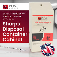 Post Medical lockable-sharps-container keeps contents secure and access controlled.