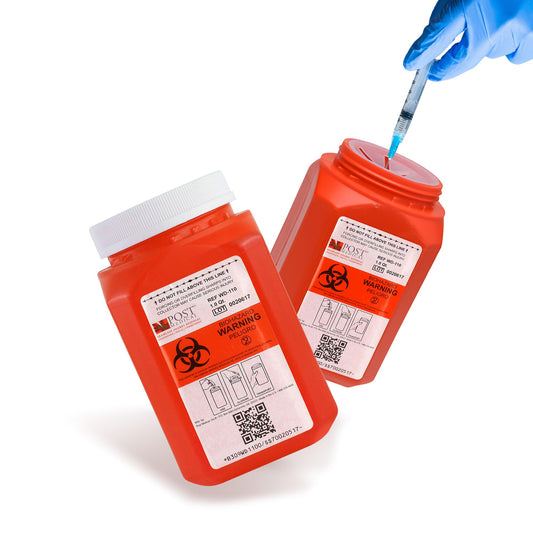 Post Medical 1.0 quart sharps container with red cap, enabling safe disposal.