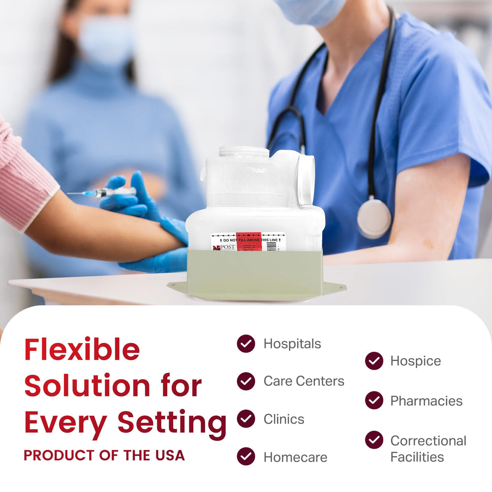 Post Medical sharps container case-6-pack for scalable disposal capacity.