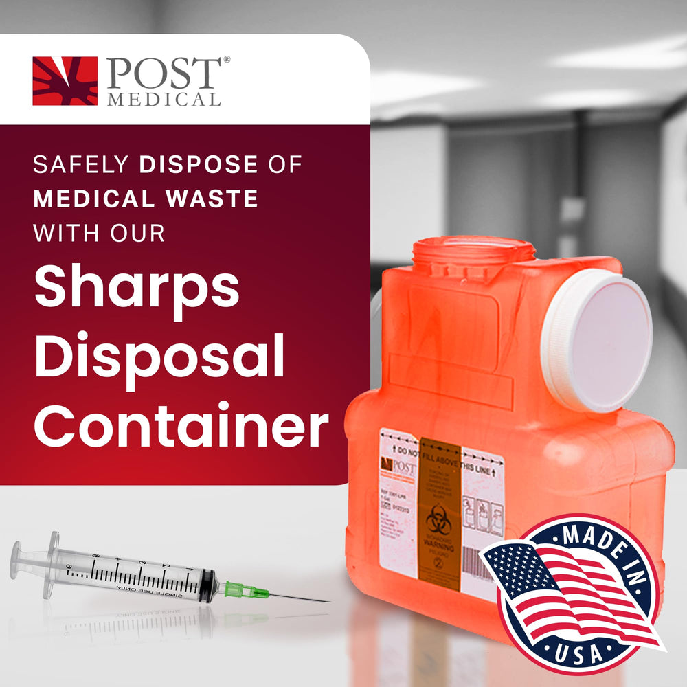 Post Medical lock-cap sharps container keeps contents secure after disposal.
